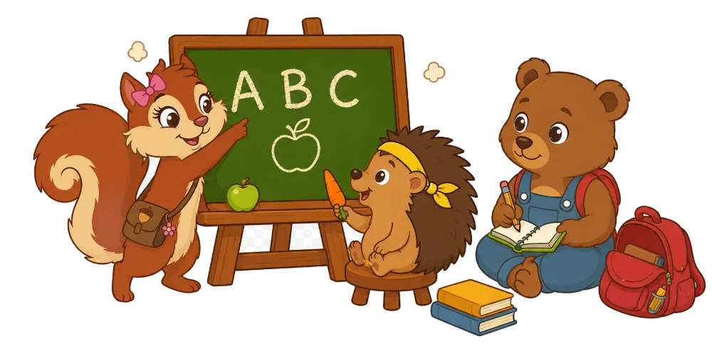 Mascotele EduOne predând alfabetul la tablă în sala de grupă