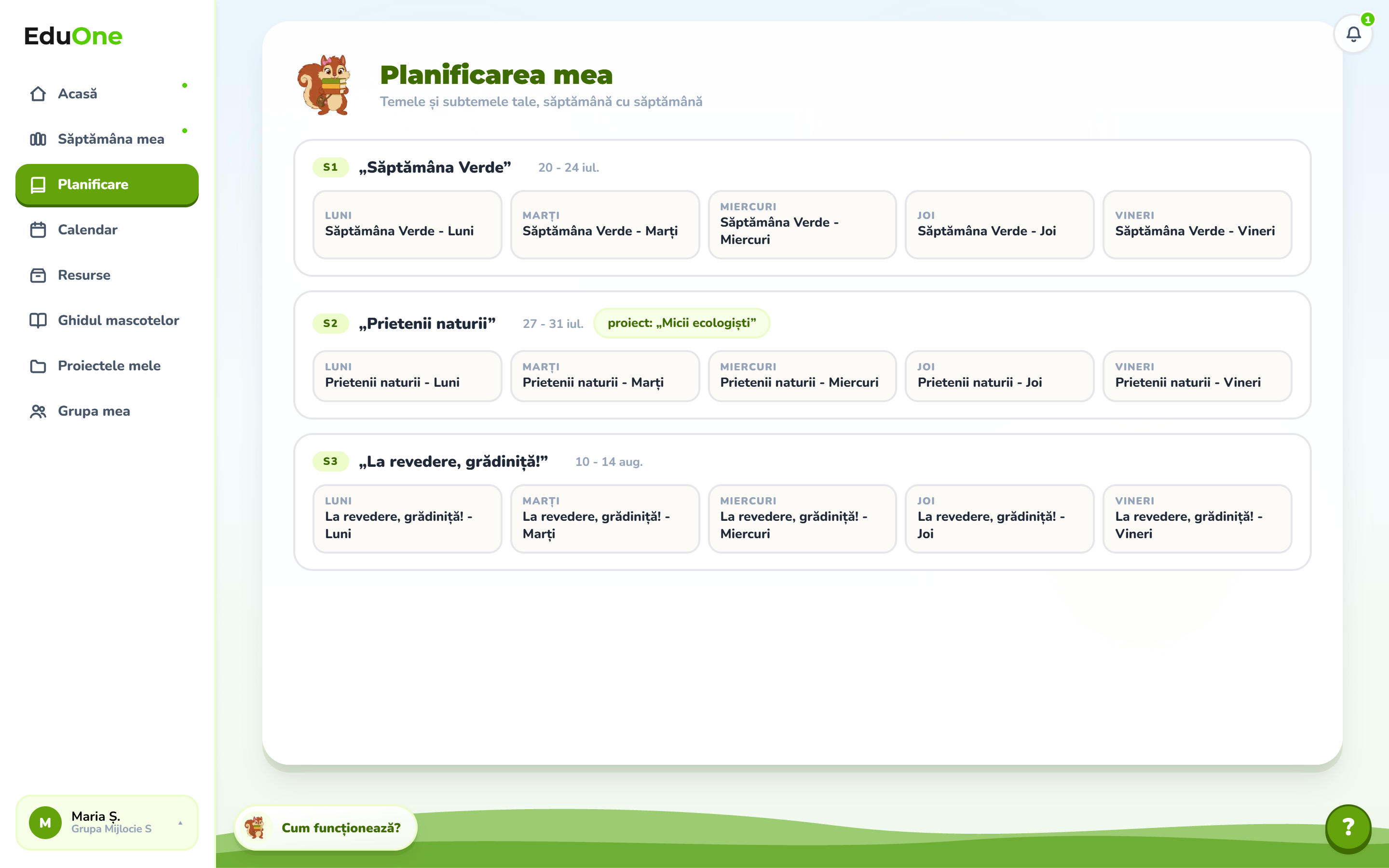 Planificarea educatoarei, cu subtemele fiecărei zile pe săptămâni